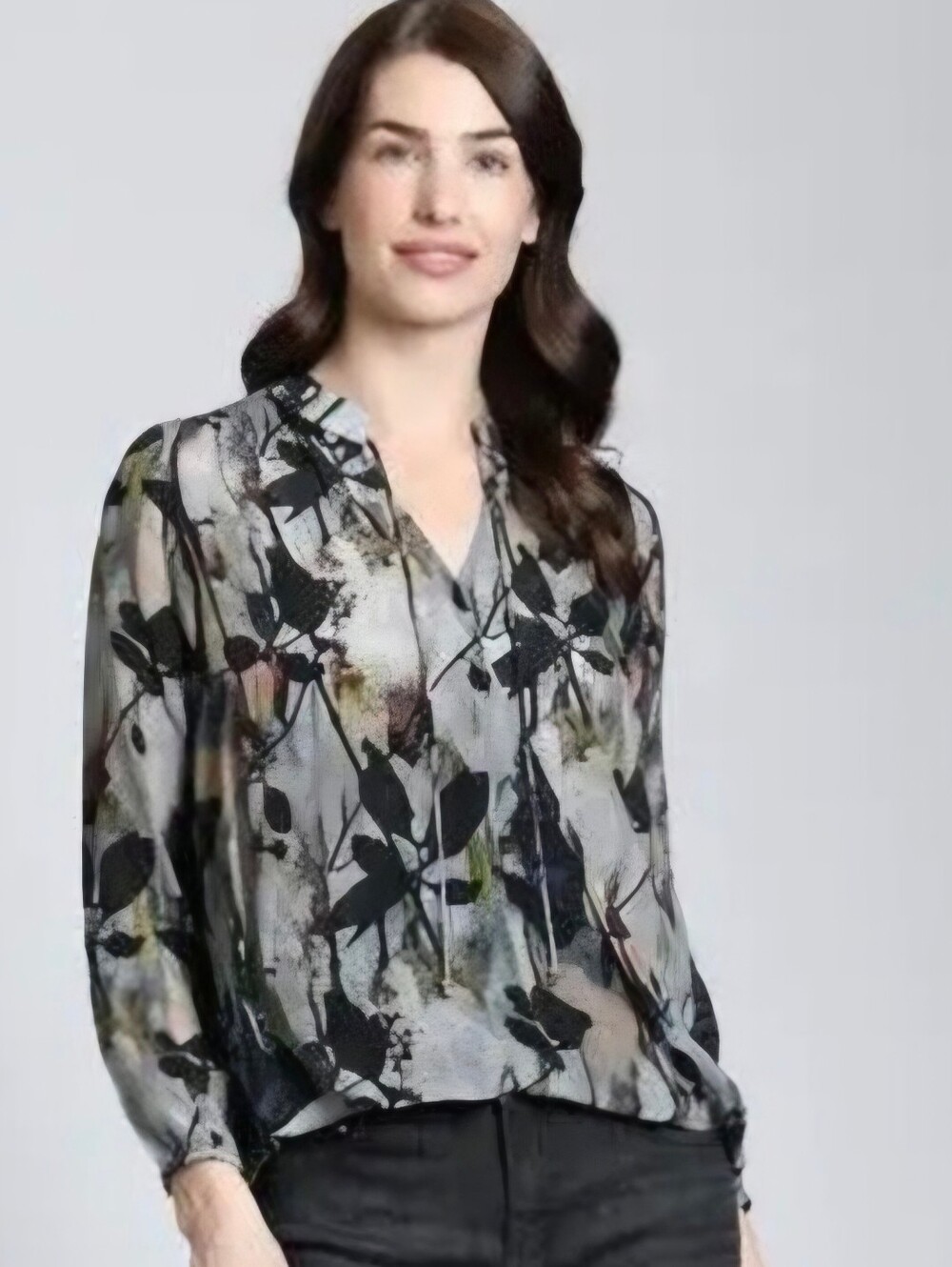 APNY NEW Printed Crossover Long Sleeve Top in Grey Multi XS